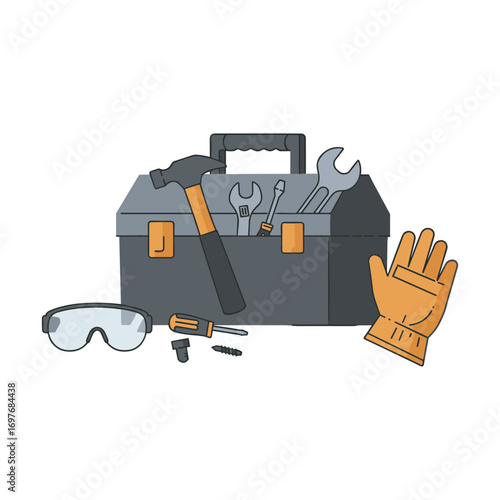 Toolbox with hammer, wrenches, safety glasses, gloves, and screws – stock vector flat illustration