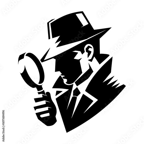 Detective with magnifying glass black vector icon with transparent background 