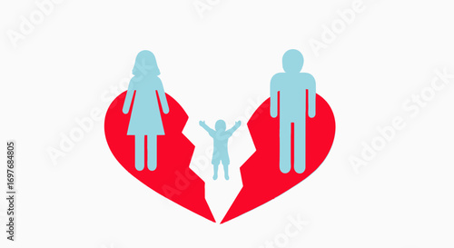Divorce concept illustration showing a separated couple and a sad child within a shattered heart