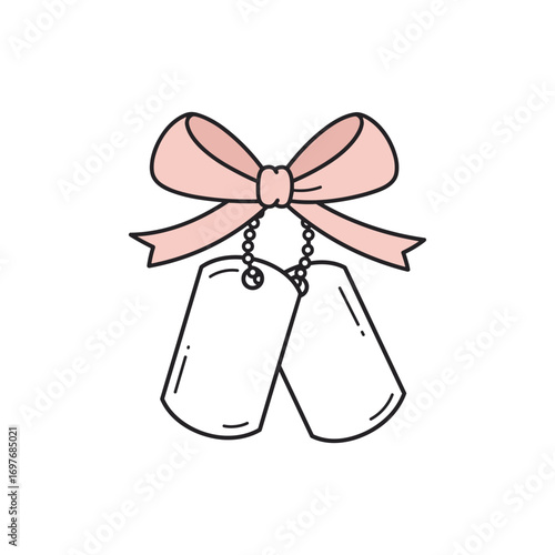 Pink bow with dog tags on chain - minimalist illustration – stock vector flat illustration