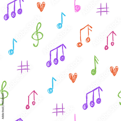 Seamless pattern with music notes drawn with crayon