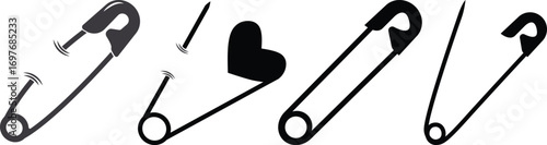 safety pin icon set.Opened and closed pin.Needle and Safety Pin Icon on Black and White Vector Backgrounds.Realistic Metal Safety Pin Vector silhouette editable stroke on transparent background.