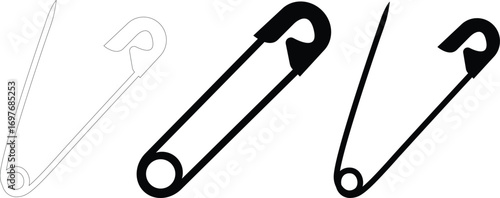 safety pin icon set.Opened and closed pin.Needle and Safety Pin Icon on Black and White Vector Backgrounds.Realistic Metal Safety Pin Vector silhouette editable stroke on transparent background.