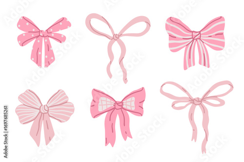 Cute coquette pink bow with ribbon and stripe pattern. Girl hair accessory in flat style