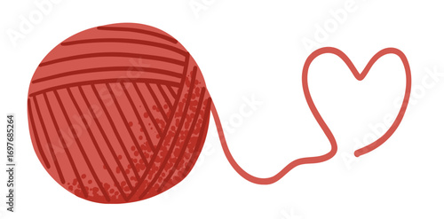 Wool yarn ball with heart in flat style with noise texture