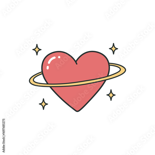 Heart with saturn ring and stars illustration – stock vector flat illustration