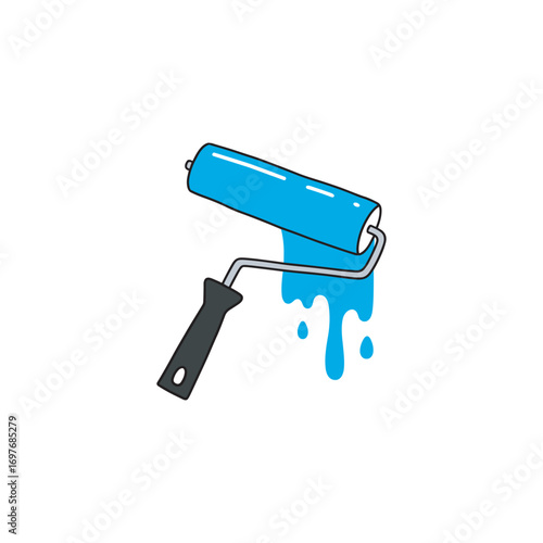 Blue paint roller with dripping paint – stock vector flat illustration