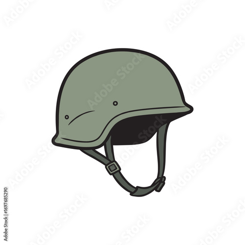 Green military helmet with chin strap – stock vector flat illustration
