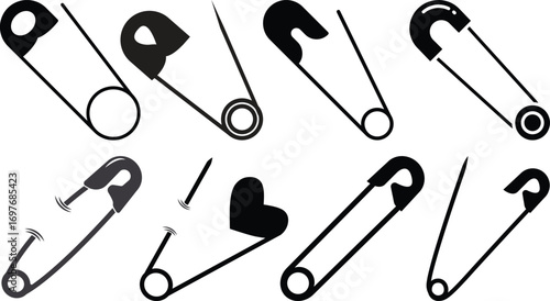 safety pin icon set.Opened and closed pin.Needle and Safety Pin Icon on Black and White Vector Backgrounds.Realistic Metal Safety Pin Vector silhouette editable stroke on transparent background.