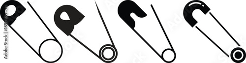 safety pin icon set.Opened and closed pin.Needle and Safety Pin Icon on Black and White Vector Backgrounds.Realistic Metal Safety Pin Vector silhouette editable stroke on transparent background.