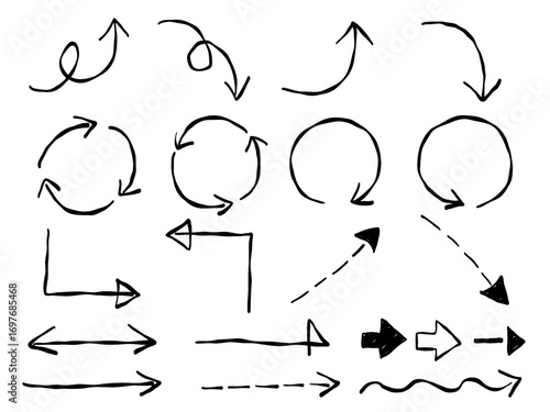 手描きの様々な矢印ベクターイラストセット(モノクロ線画)