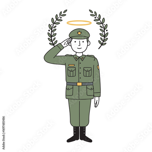 Cartoon soldier saluting with halo and laurel wreath – stock vector flat illustration