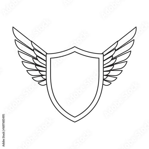 Outline of winged shield emblem with symmetrical feathered wings – stock vector flat illustration