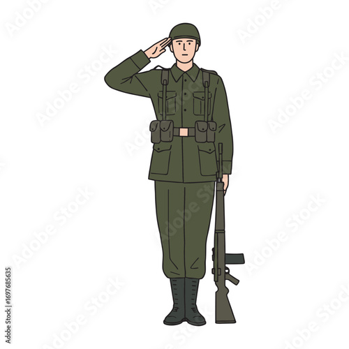 Caucasian male soldier in uniform saluting with rifle – stock vector flat illustration