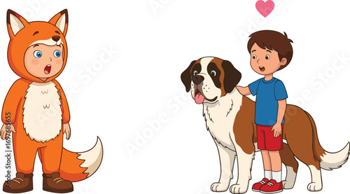 Boy in fox costume surprised, standing next to boy petting Saint Bernard dog, love heart above, cute cartoon animals
