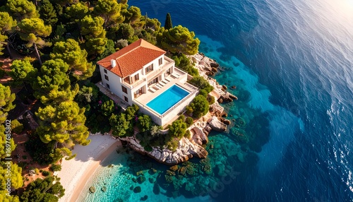 Coastal Luxury: Stunning aerial view of Mediterranean villa nestled on rocky coastline
