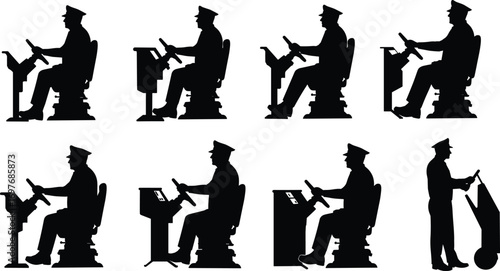 Bus Driver Silhouettes in Different Driving Poses and Standing with Luggage Trolley