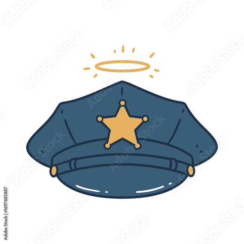 Police hat with halo and star symbolizing protection and honor – stock vector flat illustration