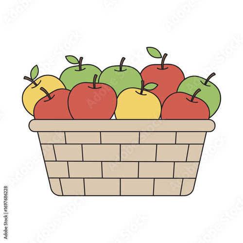 Colorful basket of red, green, and yellow apples with leaves – stock vector flat illustration