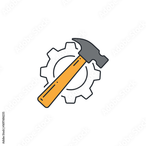 Hammer and gear icon: tools for construction and engineering – stock vector flat illustration