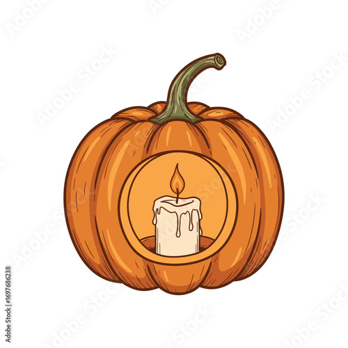 Pumpkin lantern with lit candle inside for halloween decor – stock vector flat illustration