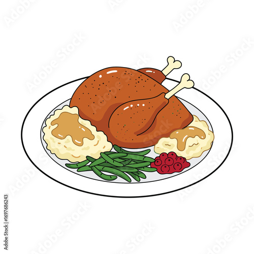 Traditional thanksgiving dinner with roast turkey, mashed potatoes, green beans, and cranberries – stock vector flat illustration