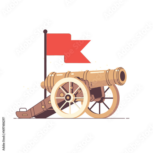 vector illustration of a historical cannon with a red flag representing past military conflicts for a Veterans Day tribute.