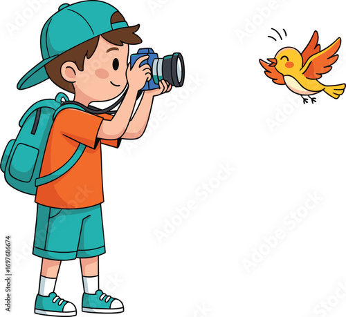 Cartoon Boy Taking Photo of Flying Bird – Cute Nature Photography Vector for Kids, Animals, Outdoor Fun, and Educational Art