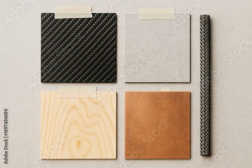 Flat lay of carbon fiber, concrete, wood, and leather material swatches taped to a neutral surface, showcasing texture and design concept