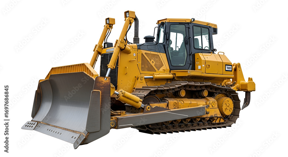 Fototapeta premium Yellow bulldozer construction vehicle isolated PNG with Transparent Background