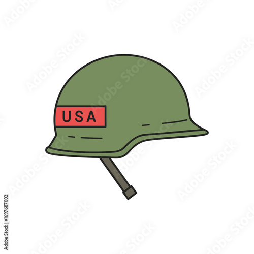 Green usa military helmet with chin strap side view illustration – stock vector flat illustration