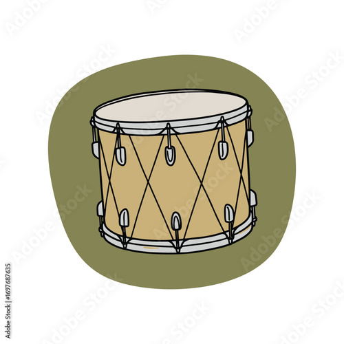 Hand-drawn snare drum with olive background in cartoon style – stock vector flat illustration
