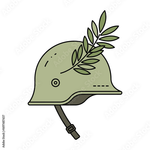 Military helmet with olive branch symbolizing peace and hope – stock vector flat illustration