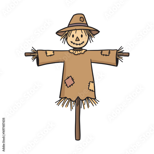 Cartoon scarecrow illustration with patchwork hat and outfit – stock vector flat illustration