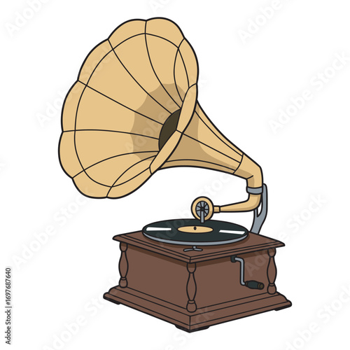 Vintage gramophone with horn and vinyl record on wooden base – stock vector flat illustration