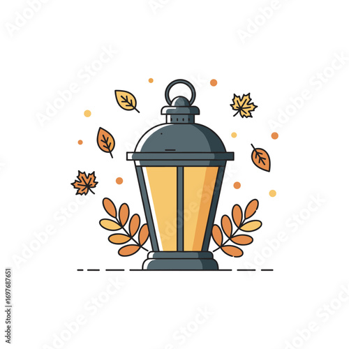 Autumn lantern with leaves: charming fall illustration of warm light and seasonal foliage – stock vector flat illustration
