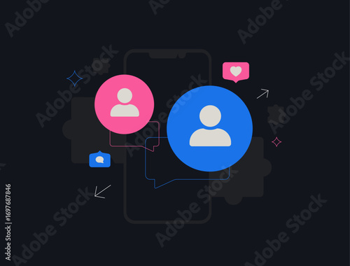 AI dating app with chat bubble and puzzle background symbolizing generative models for users matching. Ai dating compatibility and conversation starters in social platforms, vector illustration