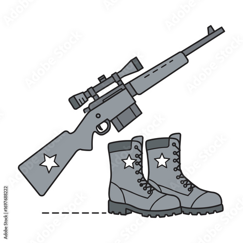 Military equipment vector: rifle and combat boots icon with stars – stock vector flat illustration