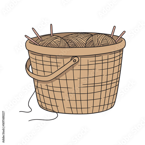 Basket with yarn balls and wooden knitting needles for crafting projects – stock vector flat illustration