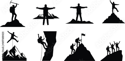 Climber Silhouettes – Mountain Top Victory, Team Hiking, Mountaineers with Ice Axes, Rappelling, Group Adventure, Summit Flag Vector Art