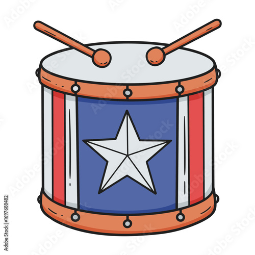 Colorful drum with star motif and red white blue stripes design – stock vector flat illustration