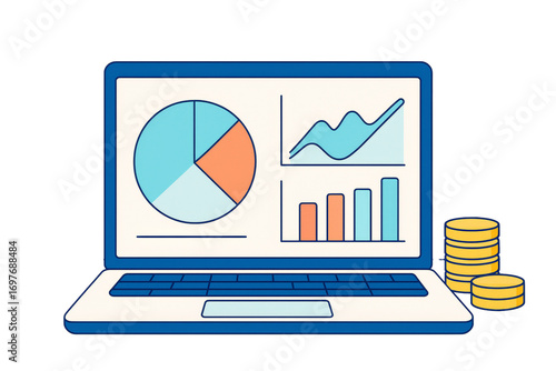 Laptop showing colorful graphs and charts with gold coins beside it, flat graphic style, on white background. Concept of finance and analytics. Ai generative