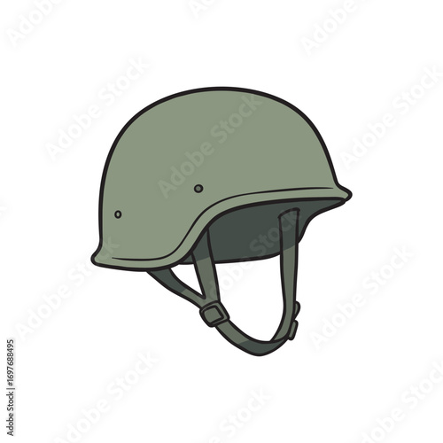 Green military helmet with chin strap – stock vector flat illustration