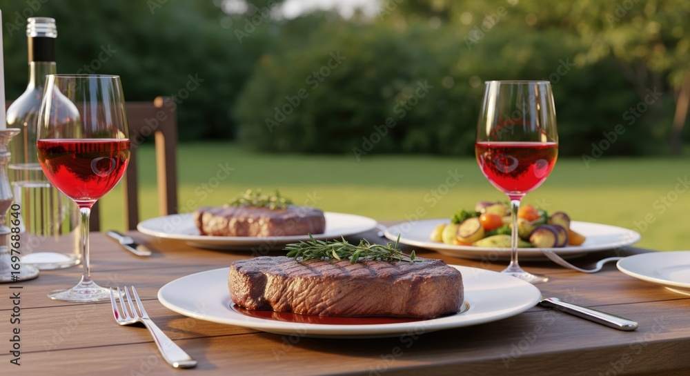 Naklejka premium Grilled steak dinner outdoors. Elegant meal on a wooden table, with glasses of ros? wine, surrounded by greenery. Two steaks, vegetables, and wine