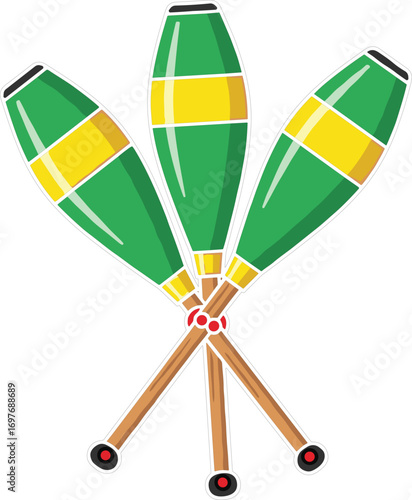 Colorful green and yellow juggling clubs vector illustration, perfect for circus, performance, entertainment, sports training, and hobby-themed graphic projects.