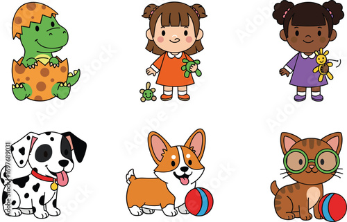 Cute Baby Dinosaur, Girls, Dogs and Cat with Toys – Cartoon Vector Set for Kids Designs, Clipart, and Educational Projects