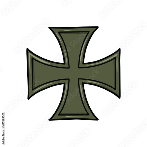 Hand-drawn iron cross symbol with olive green color – stock vector flat illustration