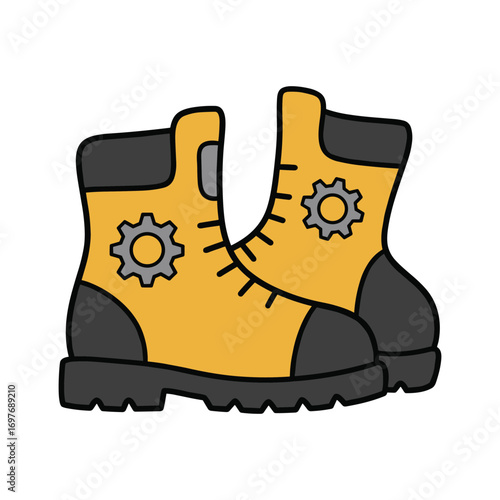 Colorful cartoon work boots with gear designs and black soles – stock vector flat illustration