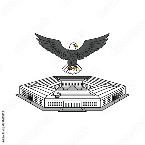 American bald eagle soaring over pentagon building illustration – stock vector flat illustration