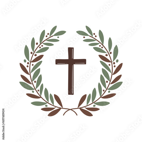 Cross with olive branch wreath - symbol of peace and faith – stock vector flat illustration
